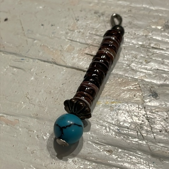 1.5” 16 wooden seed bead & round turquoise color bead charm pendant w/jump hoop - Picture 3 of 14